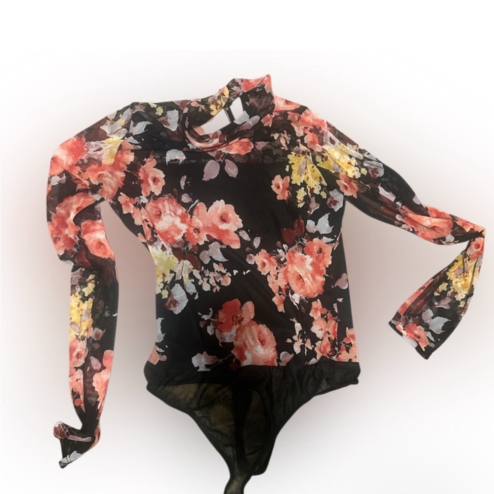 Lulus Totally A Vibe Black Floral Print Mesh Long Sleeve Bodysuit - Size M - Picture 2 of 3